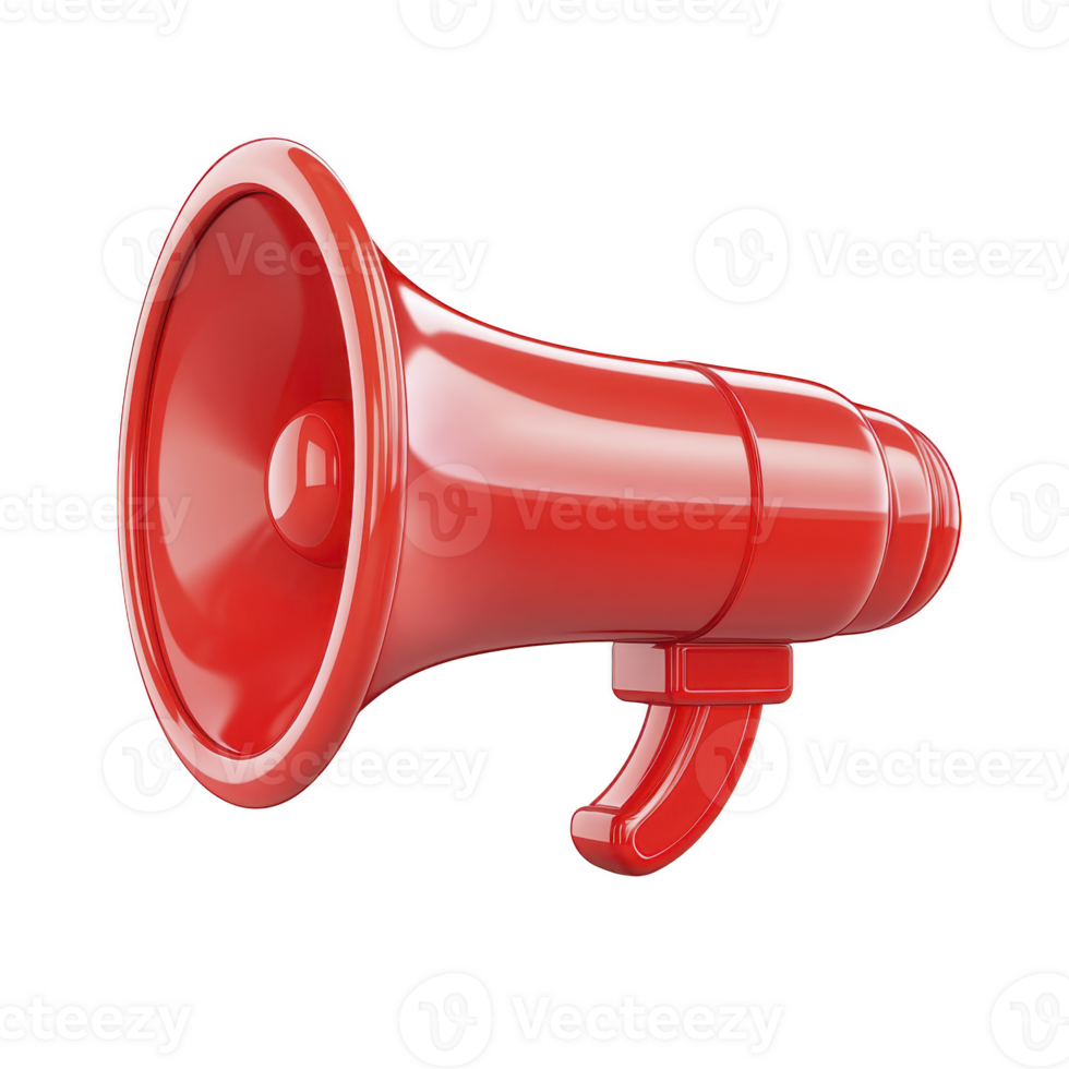 vibrant red megaphone with glossy finish is depicted against plain background, symbolizing communication and amplification. image conveys sense of urgency and attention png