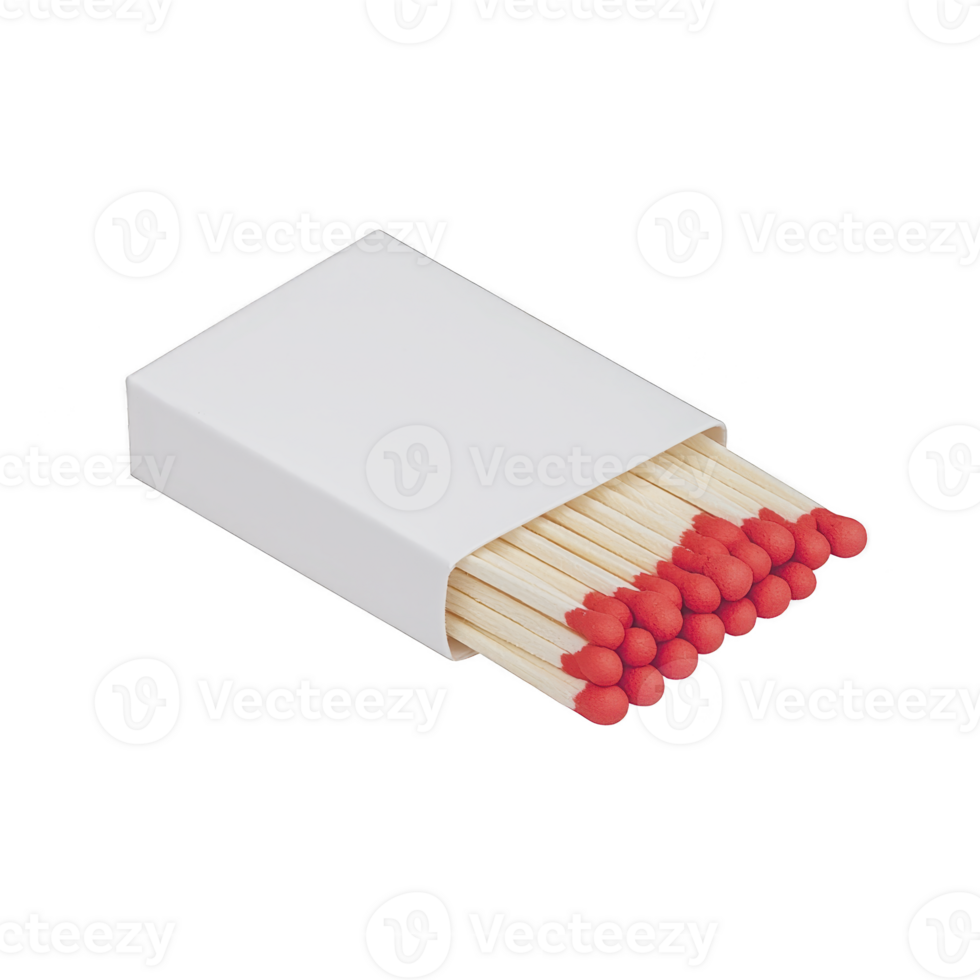 White matchbox with red tipped matches is open, revealing neatly arranged matches inside. simple design and vibrant color contrast create striking visual png