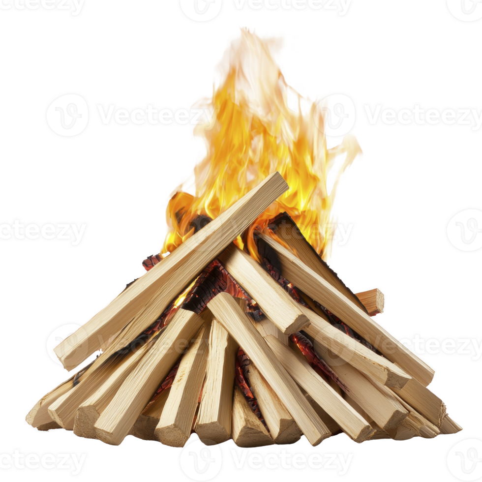 Campfire with bright flames burns atop neatly arranged stack of wooden logs, creating warm and inviting atmosphere png