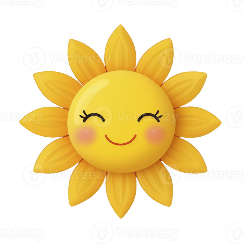 cute, smiling sun with cheerful expression and yellow rays, featuring glossy finish and blushing cheeks, evokes warmth and happiness png