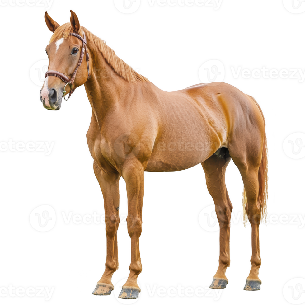 Majestic chestnut horse stands gracefully, showcasing its muscular build and shiny coat. horse wears bridle, highlighting its readiness for riding or competition png