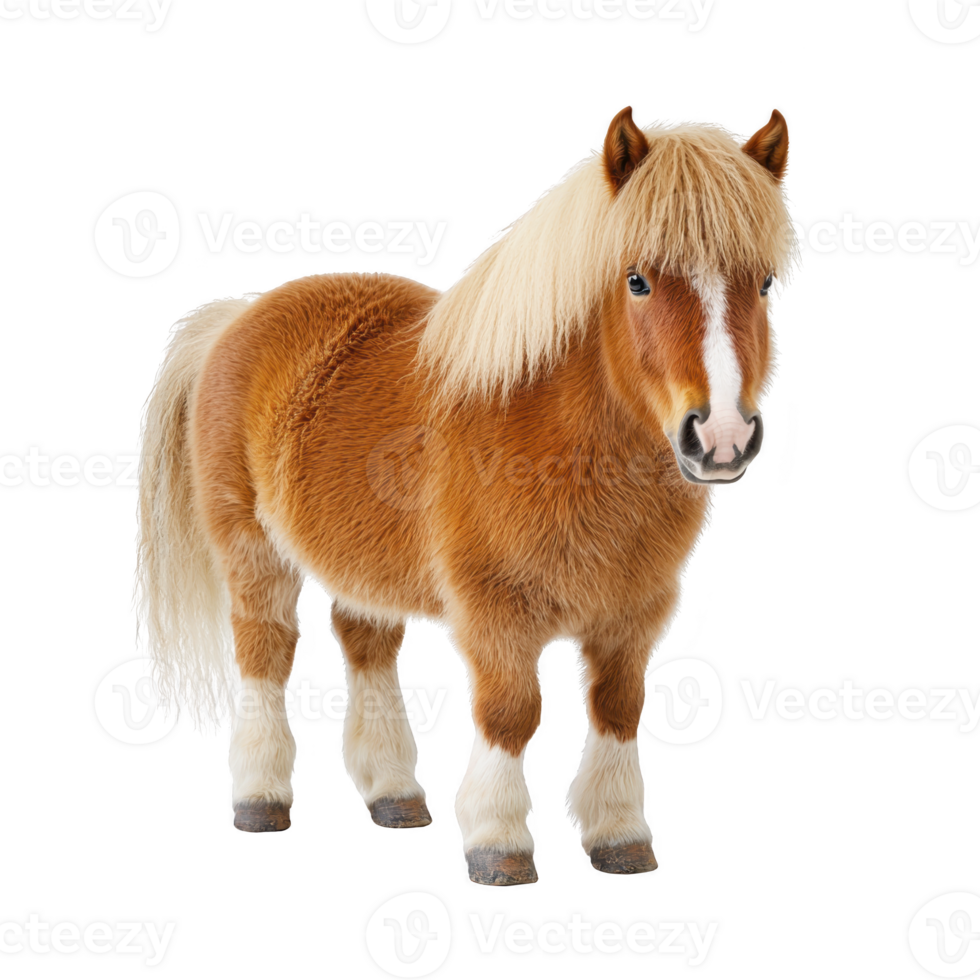 Small, fluffy brown pony with white mane and tail stands against transparency background, showcasing its gentle and friendly demeanor png