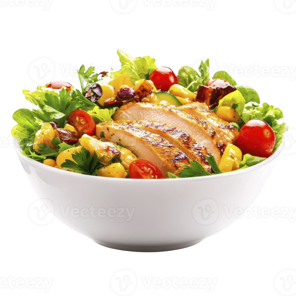 Vibrant salad bowl with grilled chicken, cherry tomatoes, corn, and leafy greens, garnished with fresh herbs, offers healthy and colorful meal option png