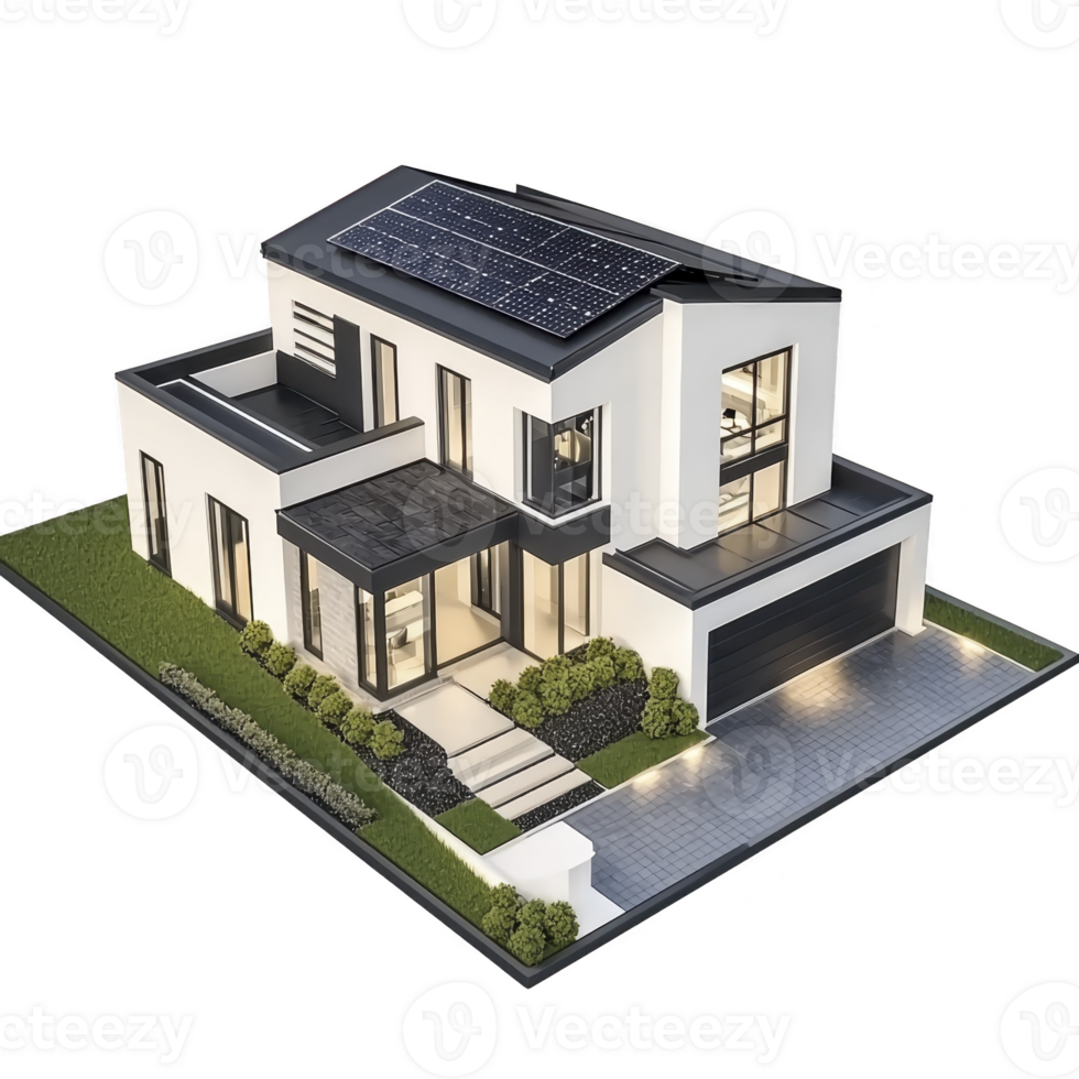 Modern two story house with solar panels on roof, featuring large windows, garage, and landscaped garden, showcasing sustainable architecture and energy efficiency png