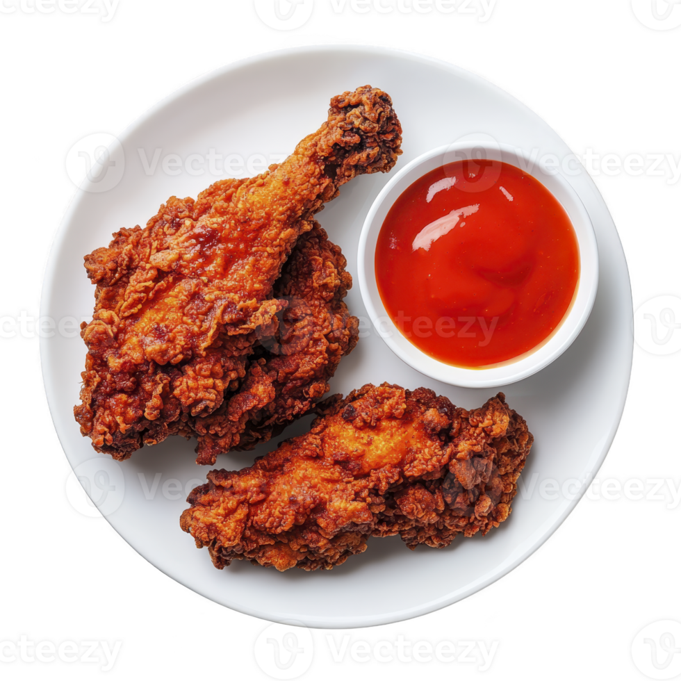 Crispy fried chicken pieces on white plate with side of tangy red dipping sauce, perfect for delicious meal. golden brown crust adds satisfying crunch png