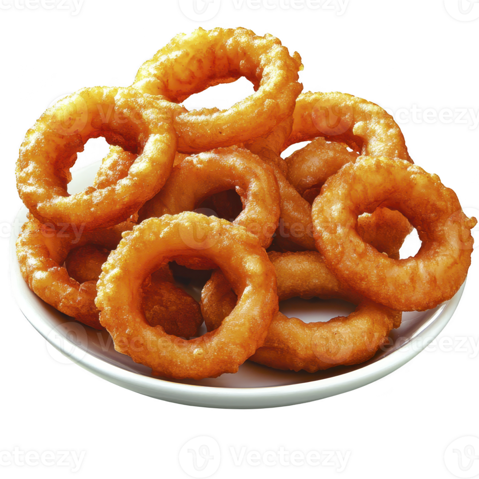 Crispy golden onion rings piled on white plate, showcasing their crunchy texture and appetizing appearance. Perfect for snack or side dish, these rings are classic favorite png