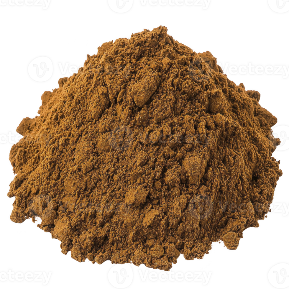 mound of fine brown powder is displayed against transparency background, showcasing its texture and earthy color. powder appears rich and finely ground, suggesting it could be used for culinary png