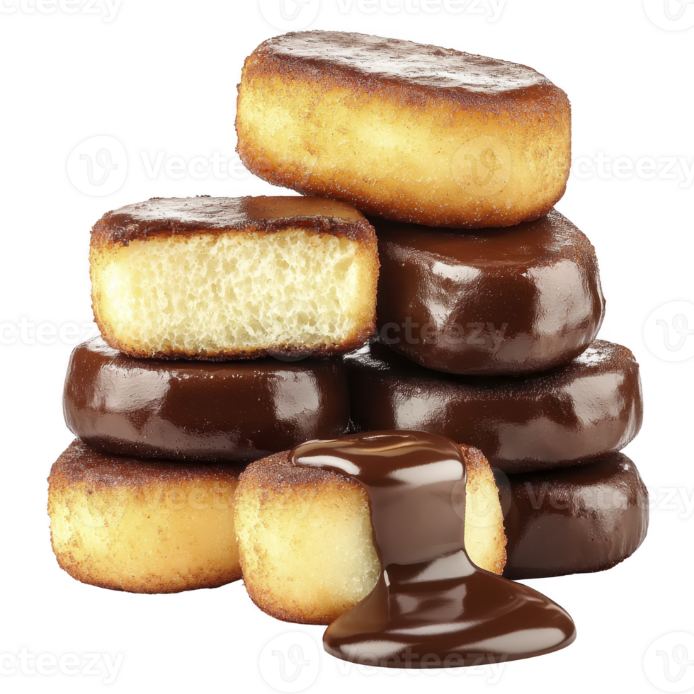 Golden, fluffy pastries stacked with rich chocolate coating and glossy chocolate drizzle create tempting dessert display. contrast of textures enhances visual appeal png