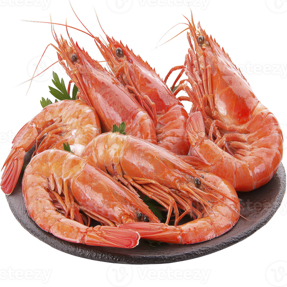 Juicy, cooked prawns arranged on slate platter, garnished with fresh parsley, showcasing their vibrant orange color and succulent texture. Perfect for seafood feast png