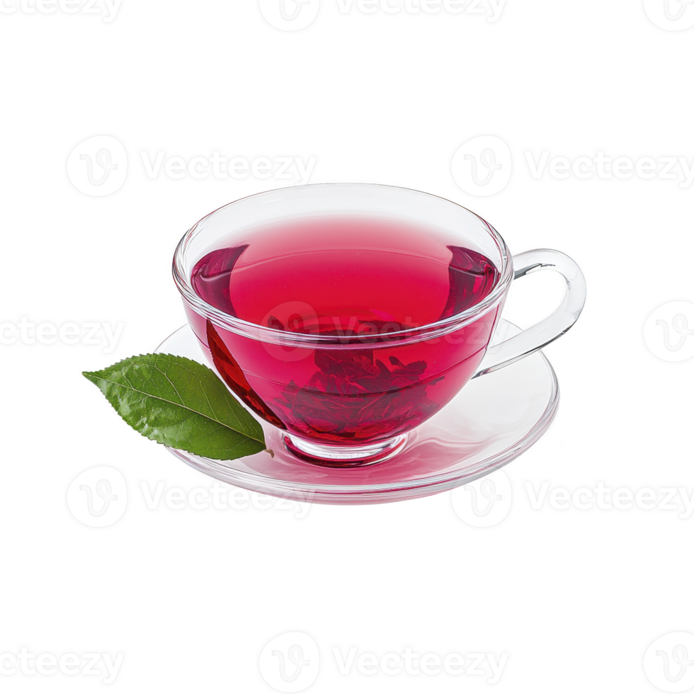Clear glass cup filled with vibrant red herbal tea sits on matching saucer, accompanied by fresh green leaf, creating refreshing and inviting scene png