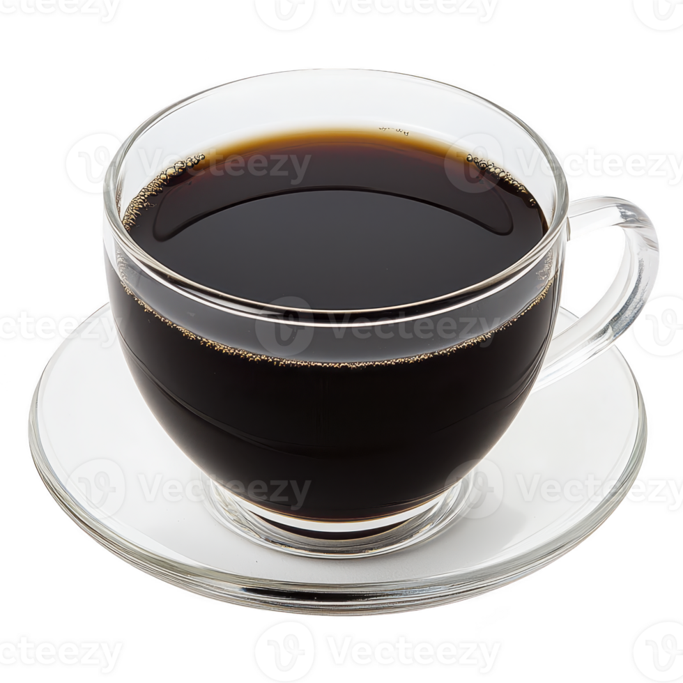 Clear glass cup filled with black coffee sits on matching saucer, showcasing rich, dark liquid. simplicity and elegance of glassware highlight coffee deep color png