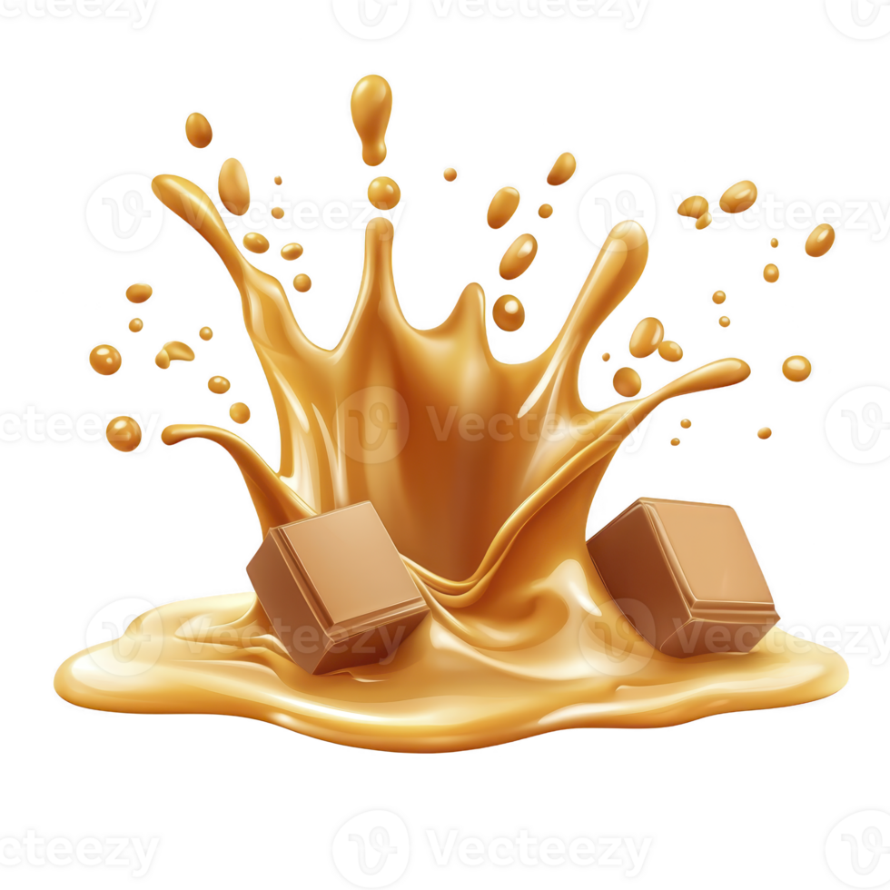 Splash of creamy caramel with two chocolate cubes creates dynamic and delicious visual. rich, golden liquid and smooth chocolate convey indulgence and sweetness png