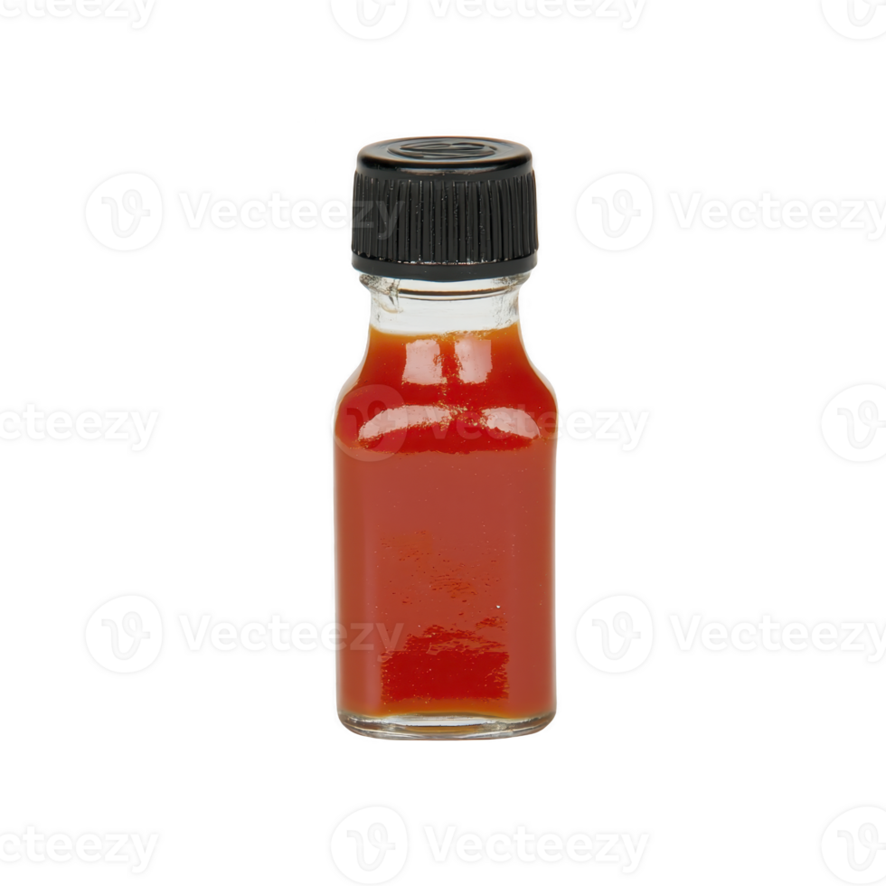 Small glass bottle filled with red hot sauce and black cap, isolated on transparency background. bottle is simple and clear, showcasing vibrant color of sauce inside png
