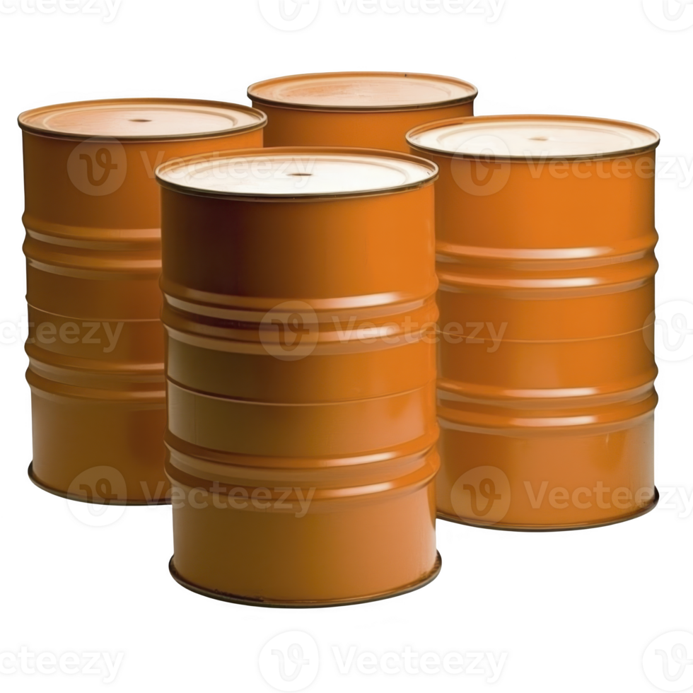 Four orange metal barrels are arranged together, showcasing industrial storage containers. These barrels are typically used for storing liquids or chemicals, emphasizing their robust and durable png