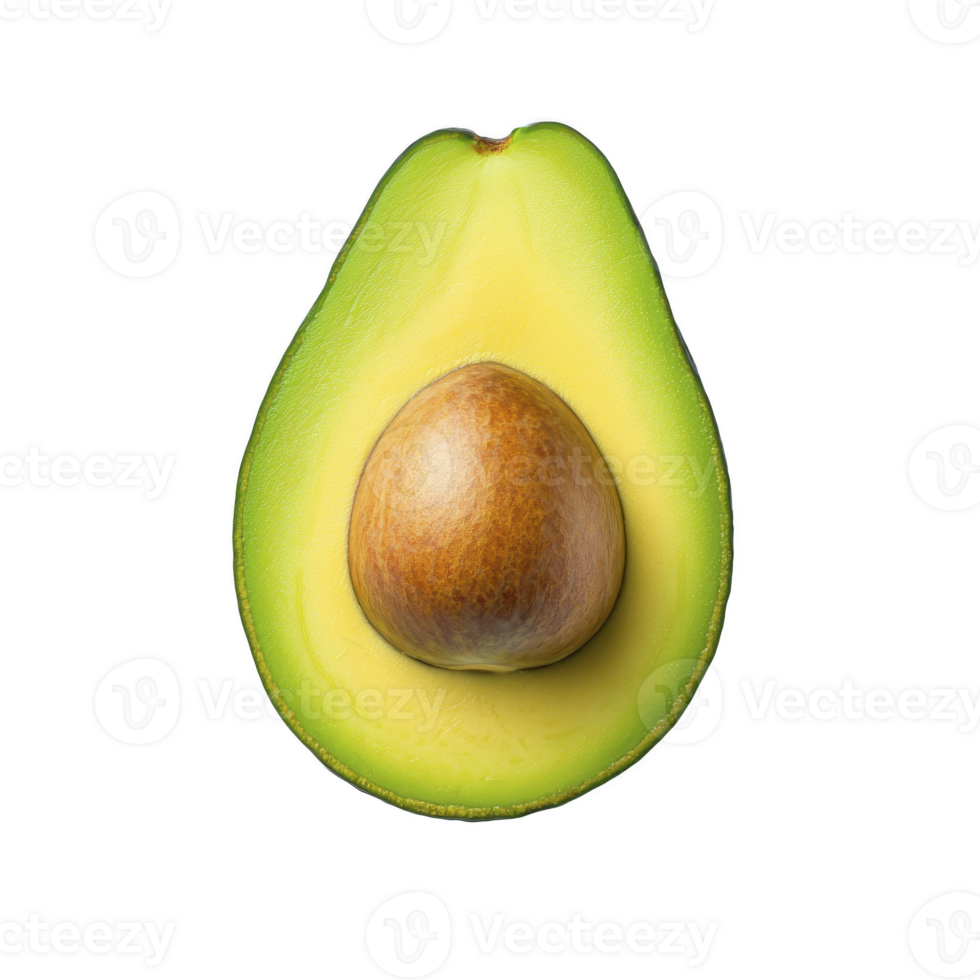Fresh avocado half with visible seed is displayed against transparency background, showcasing its vibrant green and yellow hues. smooth texture and natural colors highlight its ripeness png