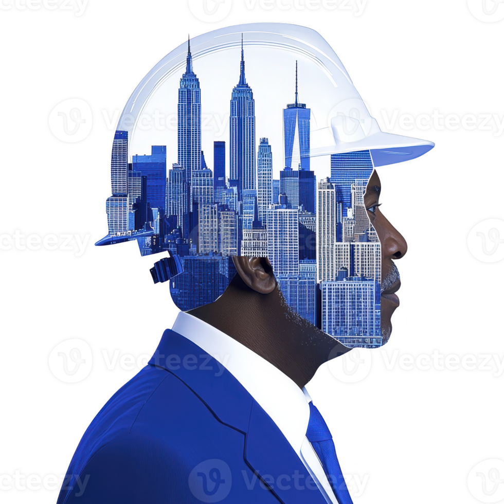 Man in blue suit and white hard hat is overlaid with city skyline, symbolizing urban development and construction. image creatively blends architecture with human elements png