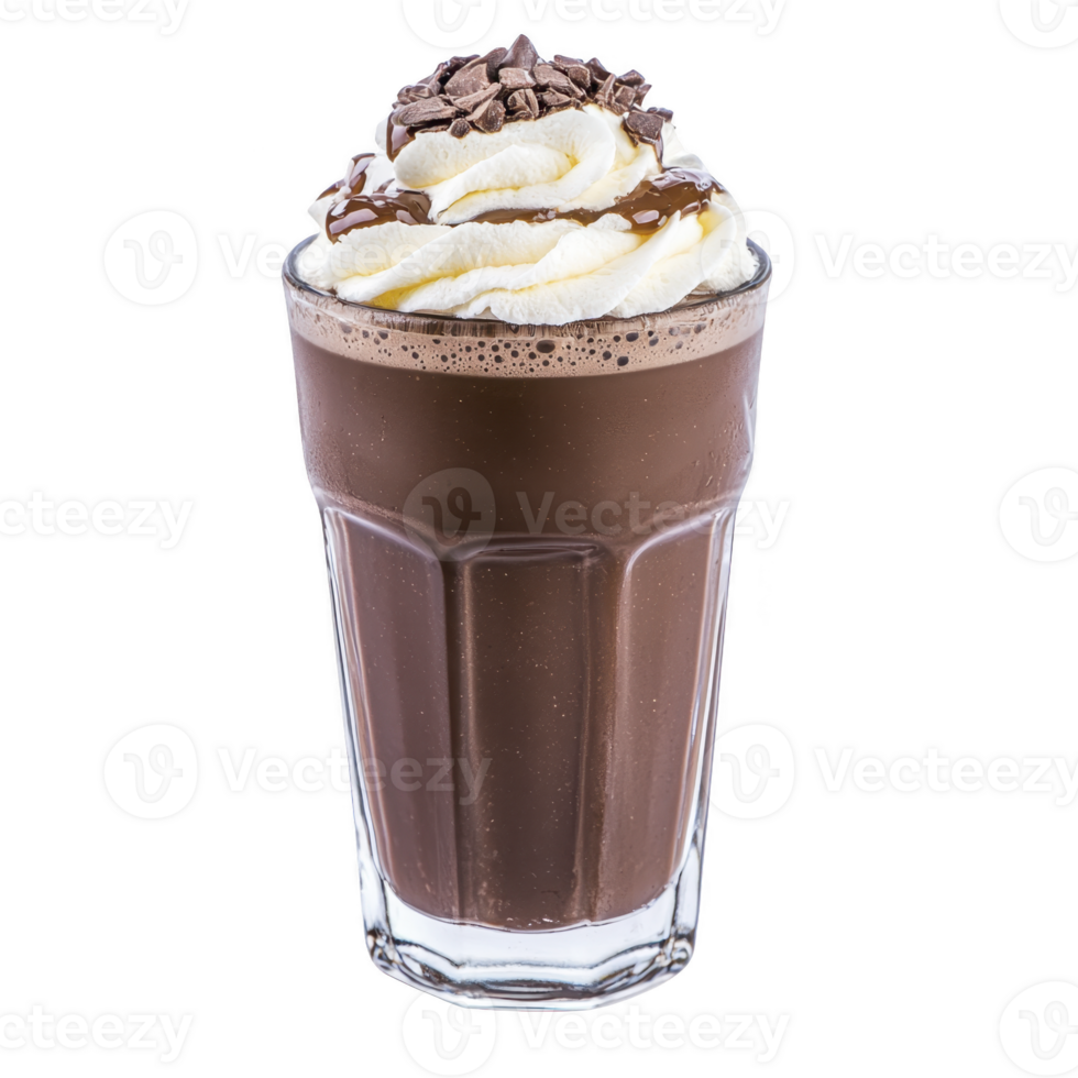 Tall glass of rich chocolate milkshake topped with whipped cream and chocolate shavings, creating delicious and indulgent treat png