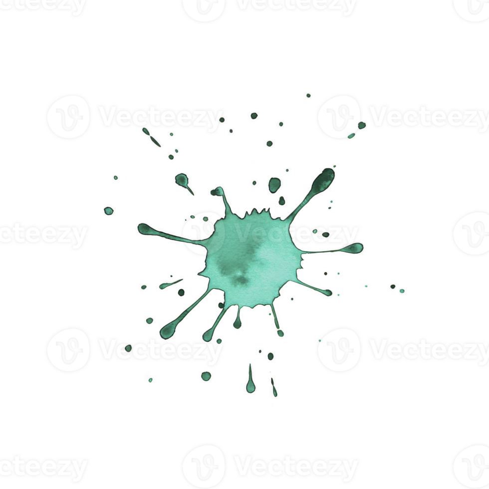 Vibrant turquoise paint splatter with dynamic droplets radiating outward on transparent background, creating artistic and energetic effect png