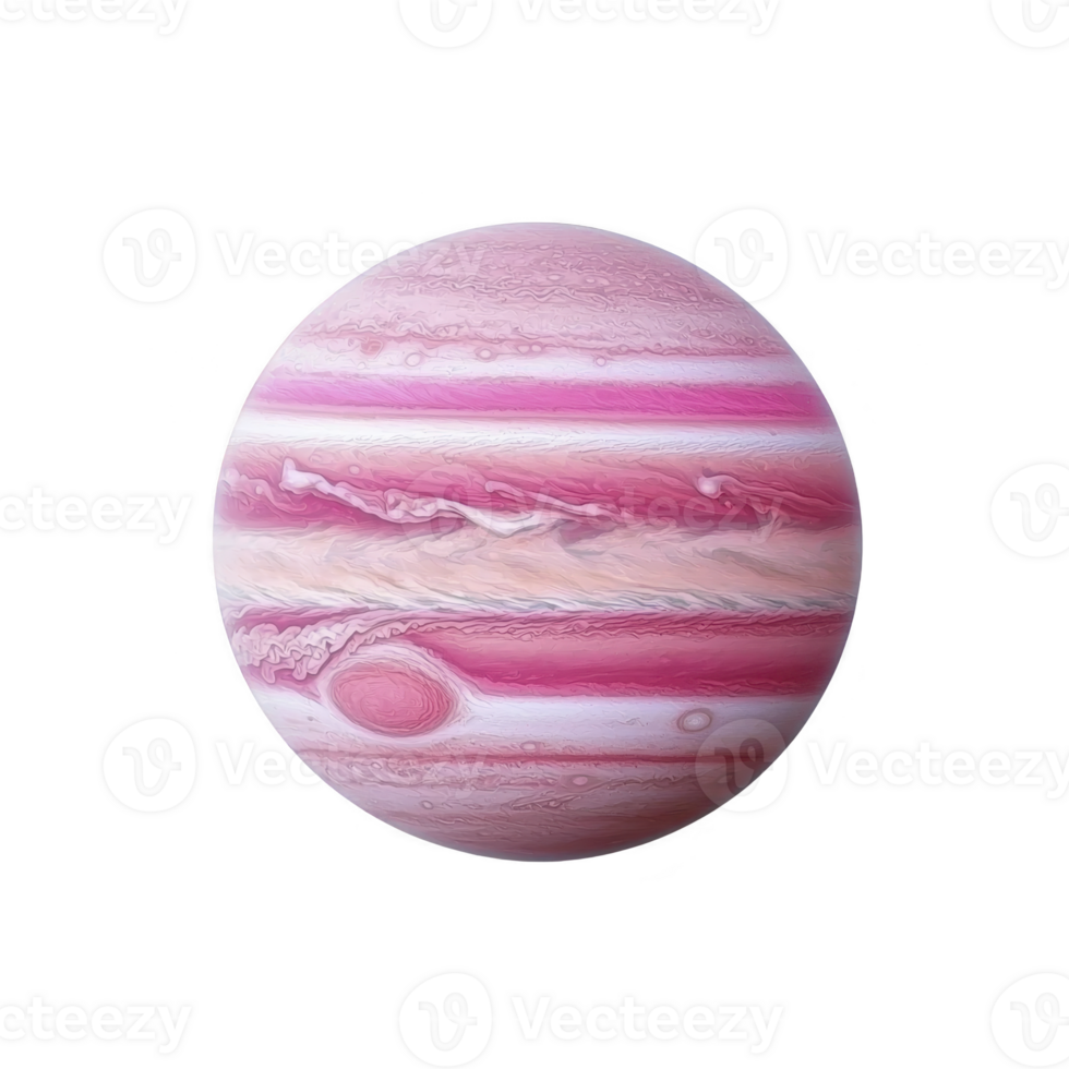 Digitally altered image of Jupiter showcases planet in vibrant pink hues, highlighting its swirling cloud patterns and iconic Great Red Spot in unique color palette png