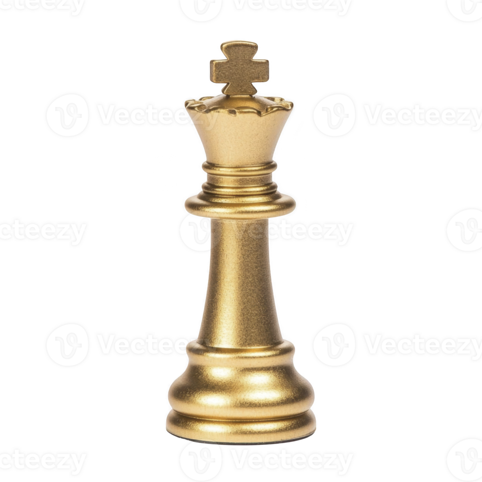 Golden chess king piece stands elegantly, symbolizing power and strategy in game of chess. metallic finish adds luxurious touch, making it striking centerpiece png