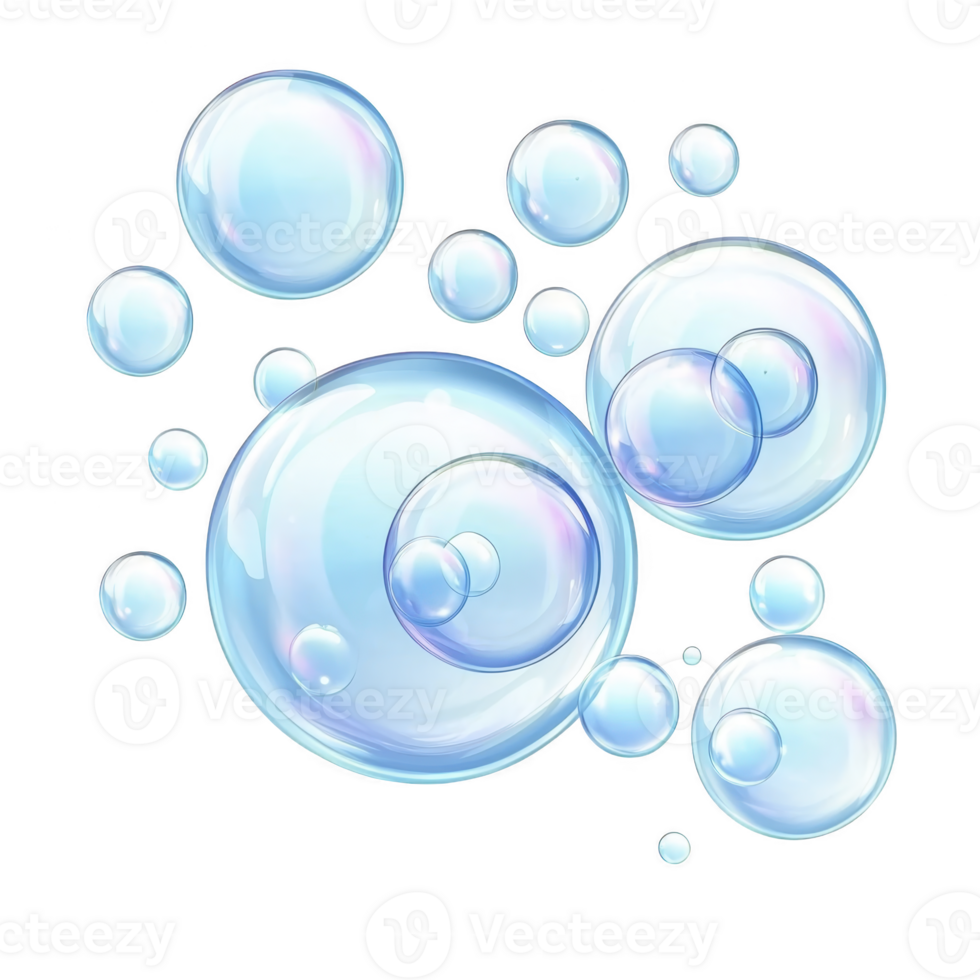 Transparent soap bubbles floating against clear background, showcasing their iridescent colors and delicate, spherical shapes. bubbles vary in size, creating whimsical and playful atmosphere png
