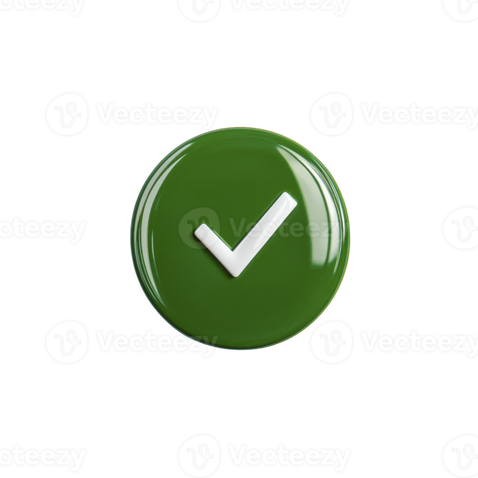 Green circular button with white check mark symbolizes approval or confirmation. glossy surface adds modern touch, making it ideal for digital interfaces png