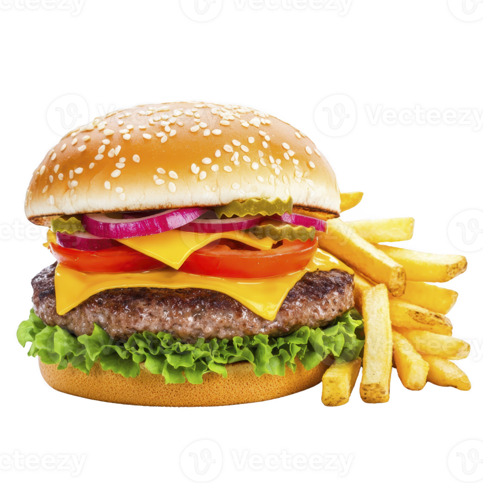 Delicious cheeseburger with lettuce, tomato, onion, and pickles, served with crispy golden fries on side, creating classic fast food meal png
