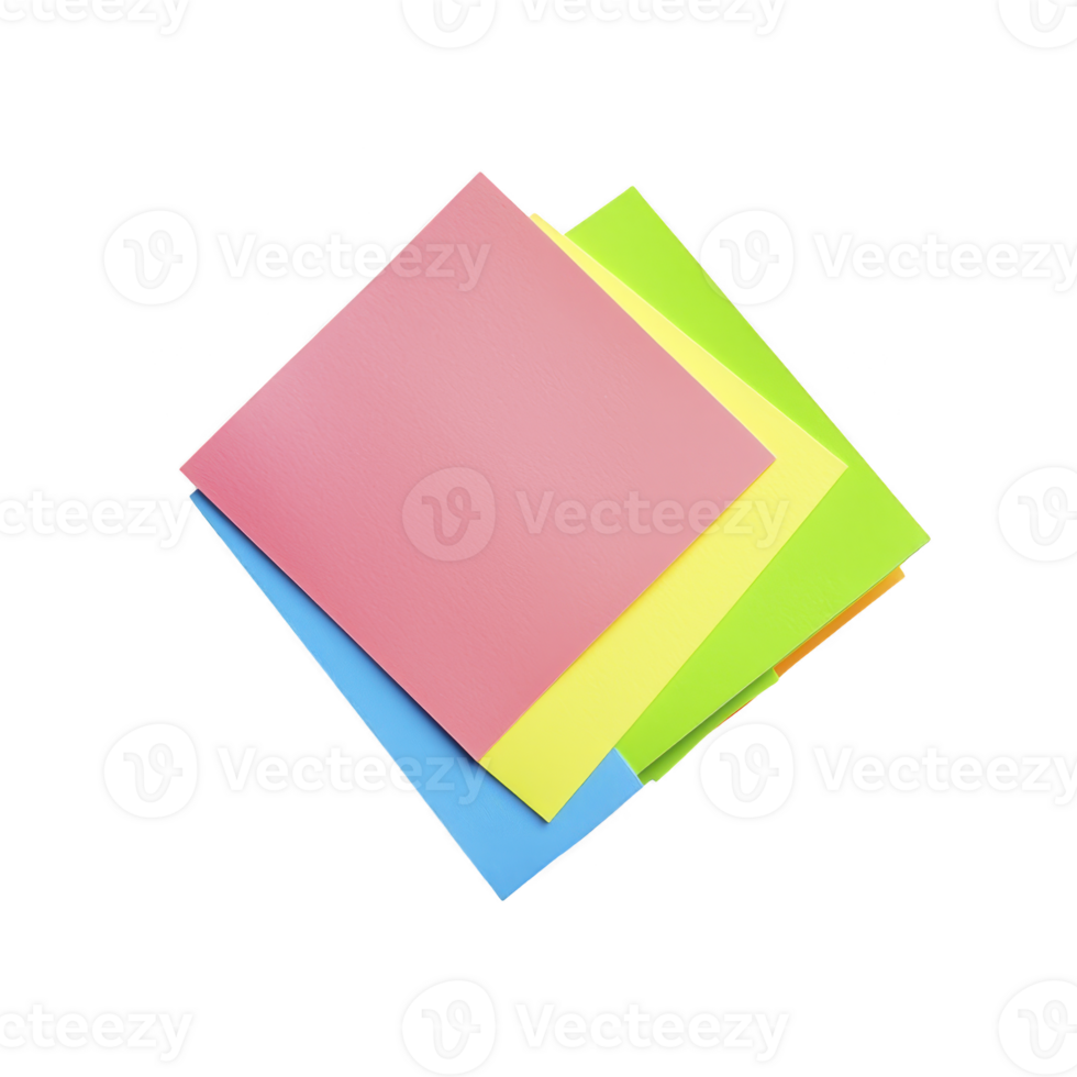Colorful square sheets of paper in pink, yellow, green, and blue are stacked on transparency background, showcasing vibrant and creative arrangement png
