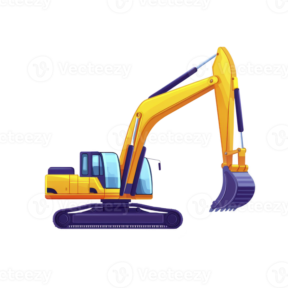 Bright yellow excavator with large arm and bucket is depicted against transparency background, showcasing its robust design and construction capabilities png