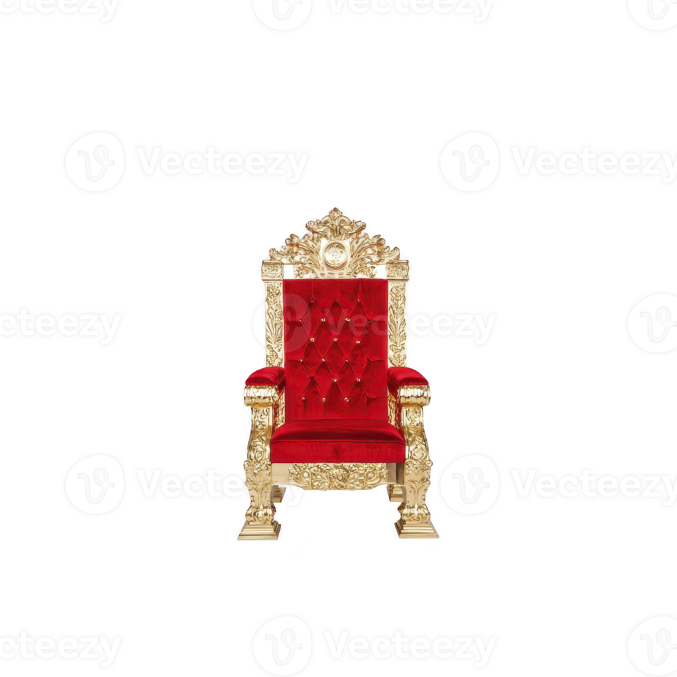 Luxurious red velvet throne with ornate gold detailing exudes elegance and royalty, perfect for regal setting or grand event png