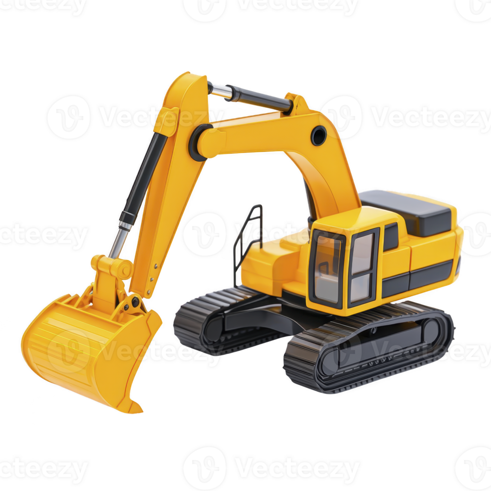 Bright yellow toy excavator with detailed design, featuring movable arm and bucket, sits on black tracks. model showcases realistic construction vehicle elements, perfect for play or display png
