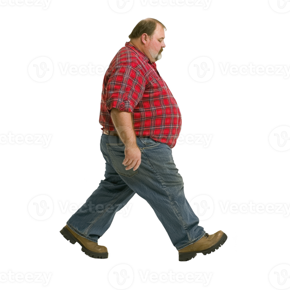Man in red plaid shirt and blue jeans walks purposefully, showcasing casual and relaxed style. His brown shoes complement outfit, adding touch of ruggedness png