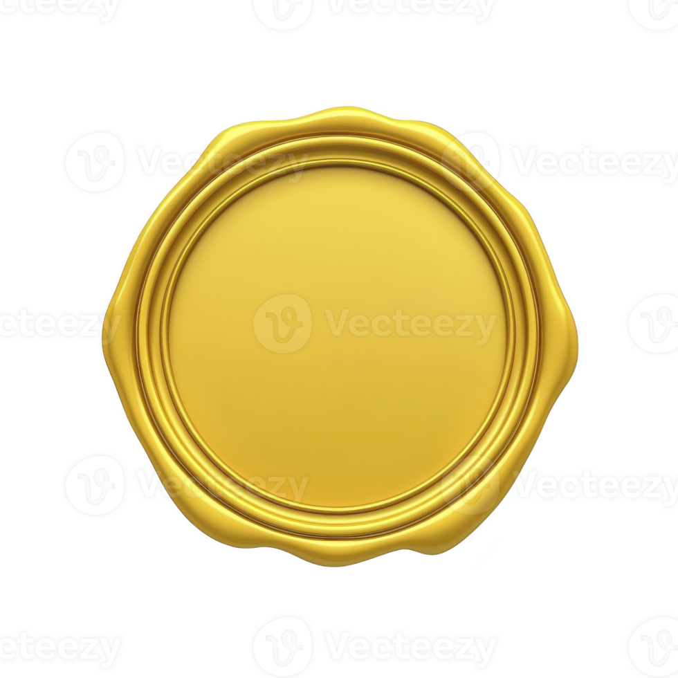 Shiny golden wax seal with smooth, circular design and scalloped edges, symbolizing elegance and authenticity. seal reflective surface adds touch of luxury and sophistication png