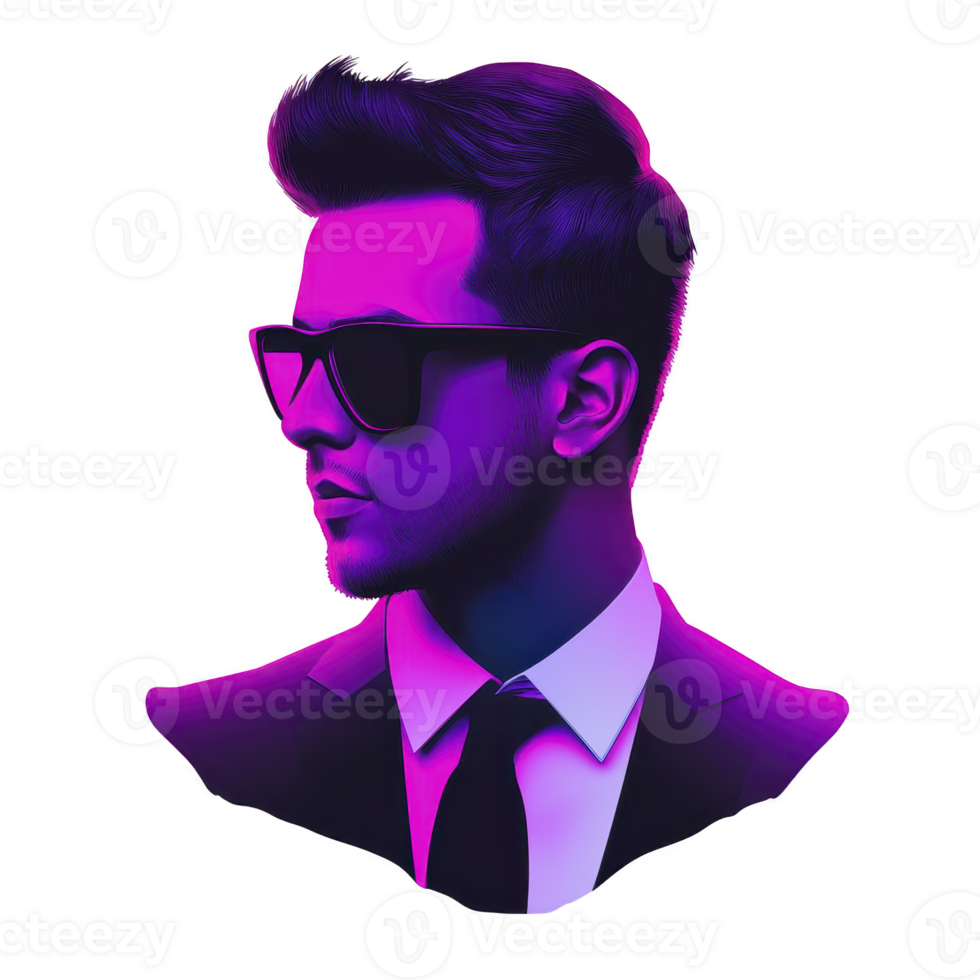 Stylish portrait of man in suit and tie, wearing sunglasses, is depicted in vibrant neon colors, creating modern and futuristic vibe. image exudes confidence and sophistication png