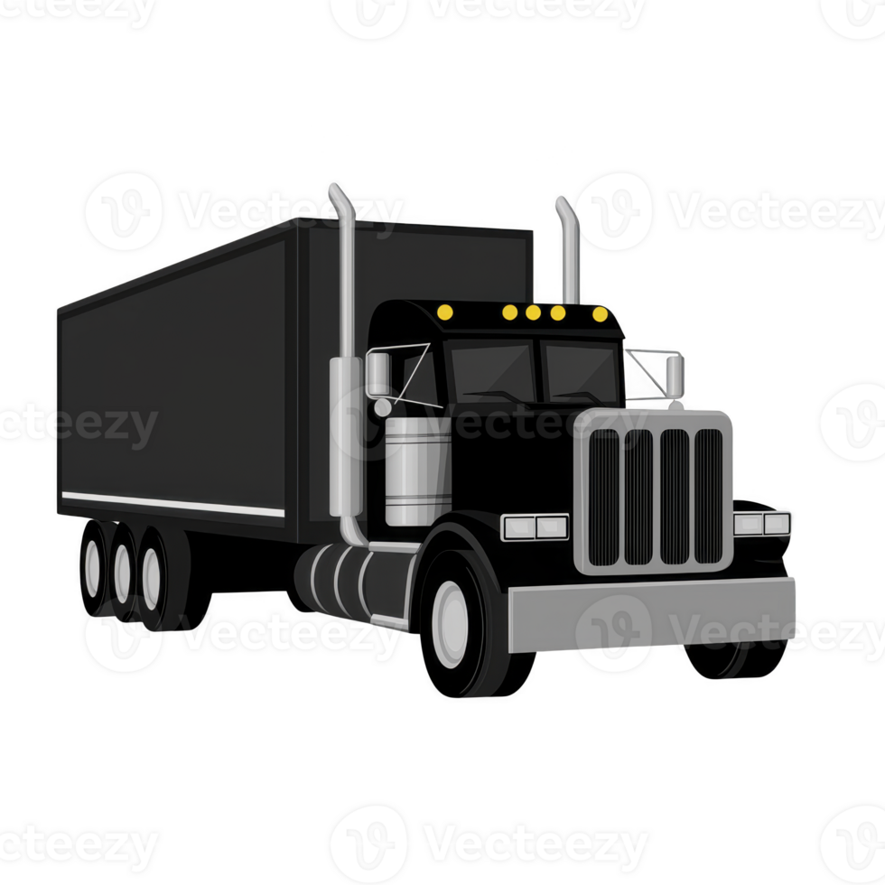 Black semi truck illustration with large trailer, showcasing classic design and prominent front grille. truck is depicted in simple, bold style, emphasizing its robust and powerful appearance png