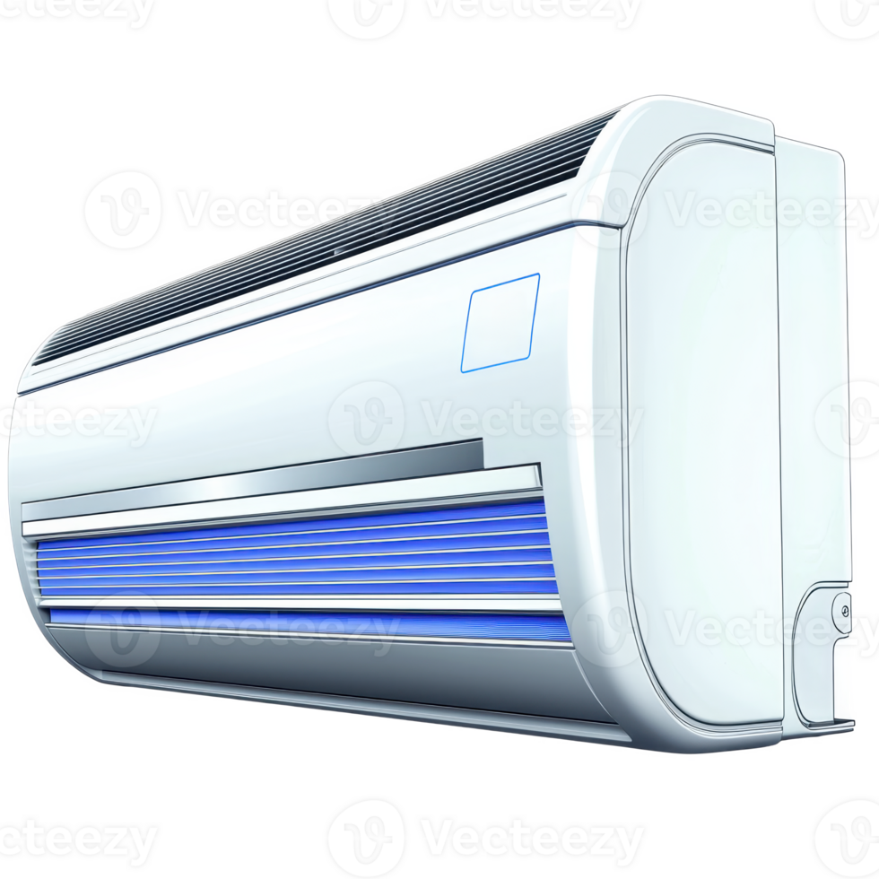 Sleek, modern wall mounted air conditioner with blue accent, designed for efficient cooling in residential or commercial spaces. unit features streamlined design png