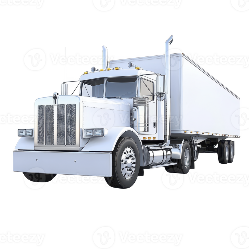 White semi truck with large trailer is depicted in clean, minimalist style. truck is shown from front side angle, highlighting its robust design and chrome details png