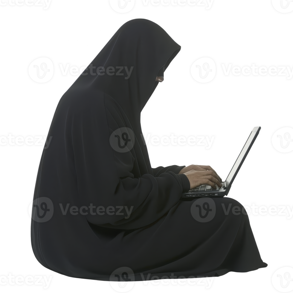 Person in dark hooded cloak is sitting and typing on laptop, creating mysterious and secretive atmosphere. image suggests themes of hacking or anonymity png