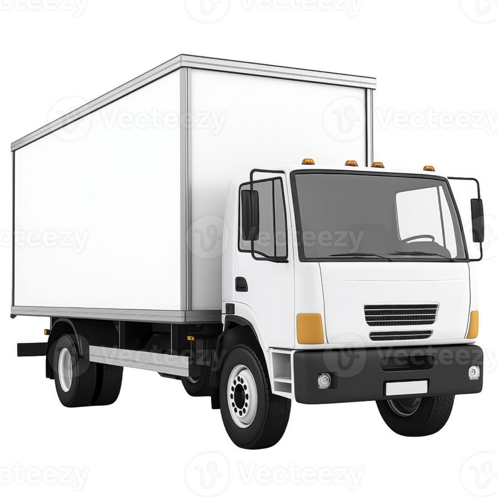 White delivery truck with large cargo area is depicted, showcasing its utility for transporting goods. vehicle is positioned at angle, highlighting its size and design png