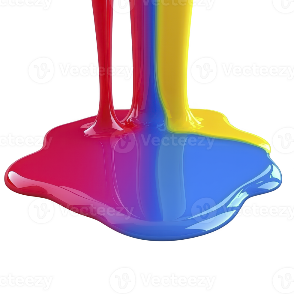 Vibrant streams of red, yellow, and blue paint merge into colorful puddle, creating visually striking and dynamic abstract art piece png