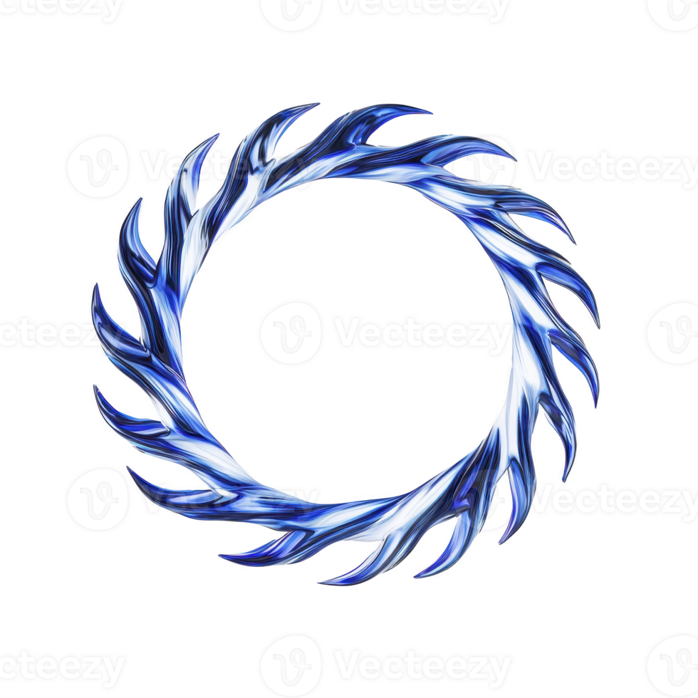 Circular design with blue and white flame like patterns creates dynamic and energetic visual. swirling shapes suggest movement and intensity, evoking sense of power and fluidity png
