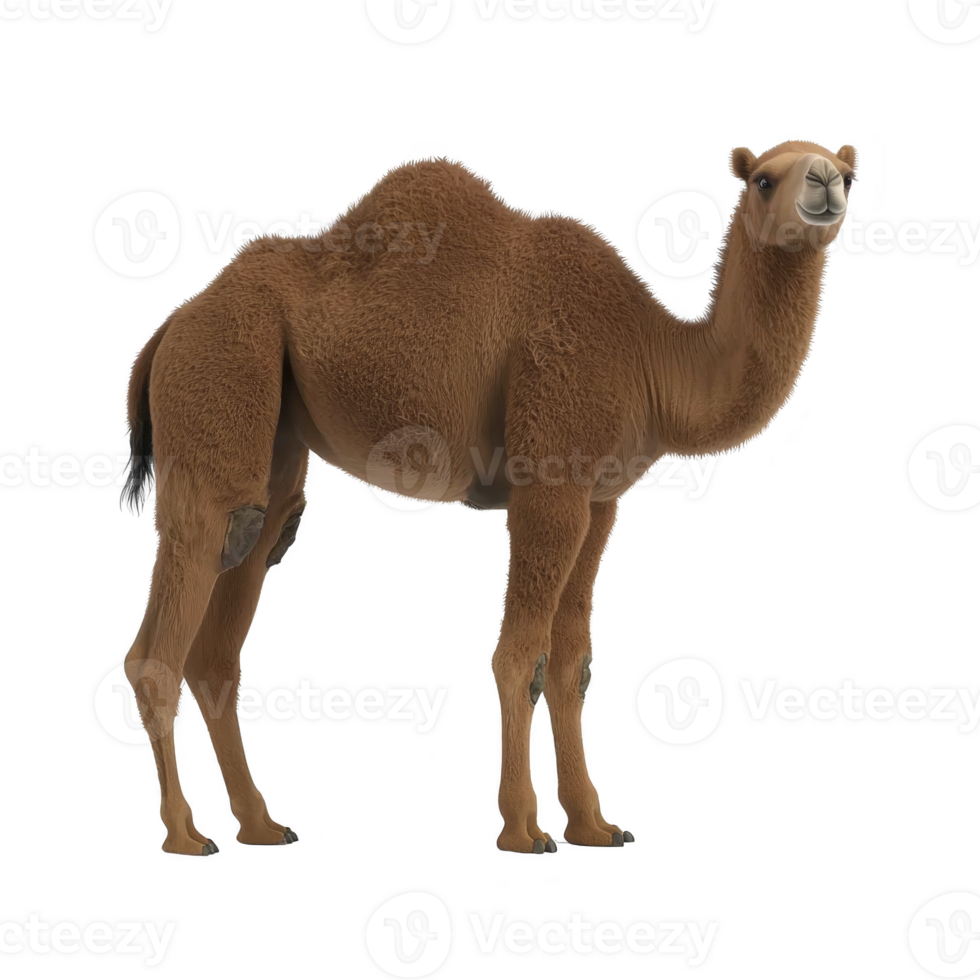 Camel stands with its distinctive hump and shaggy brown fur, showcasing its adaptation to desert environments. camel long legs and serene expression highlight its resilience and grace png