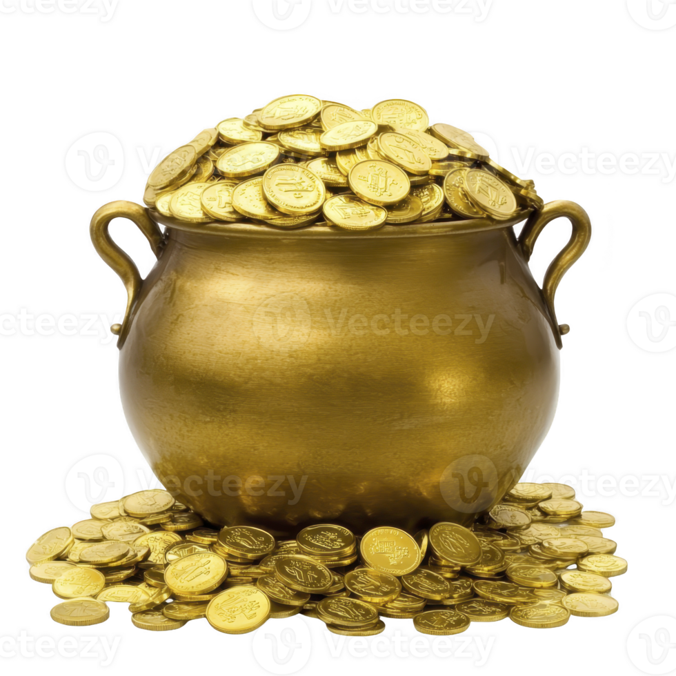 Golden pot overflowing with shiny gold coins, symbolizing wealth and prosperity. coins are scattered around pot, creating sense of abundance and fortune png