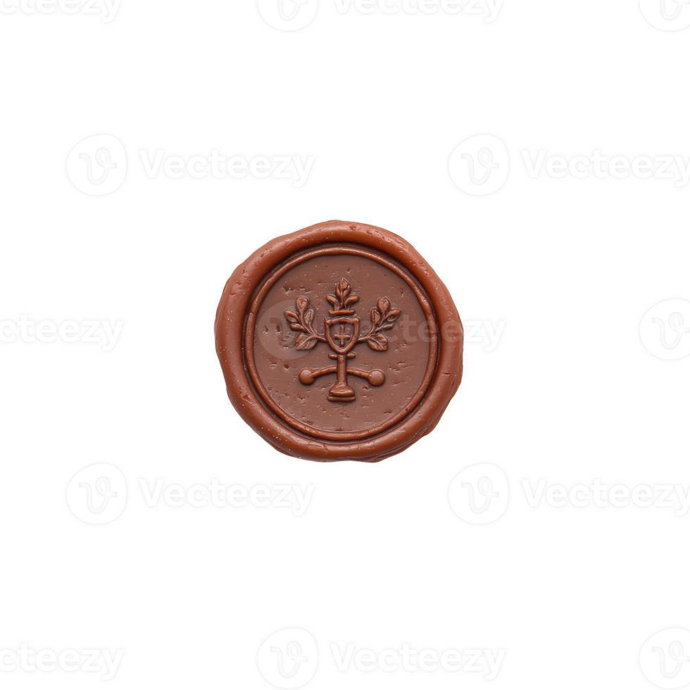 Brown wax seal with intricate design featuring shield, keys, and leaves, symbolizing tradition and authenticity. seal is circular and has classic, vintage appearance png