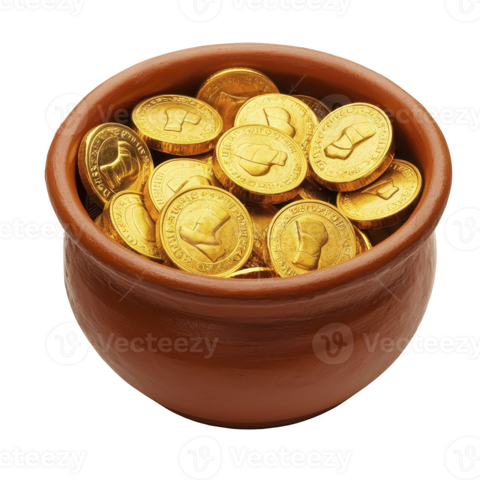 Clay pot filled with shiny gold coins, symbolizing wealth and prosperity. coins are stacked neatly, reflecting light and creating sense of abundance png