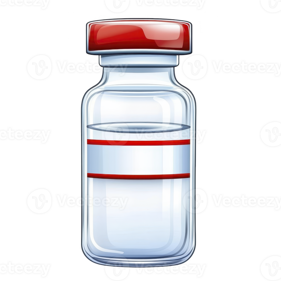 Small glass vial with red cap and two red bands contains clear liquid, often used for medical or laboratory purposes. design is simple and clean png