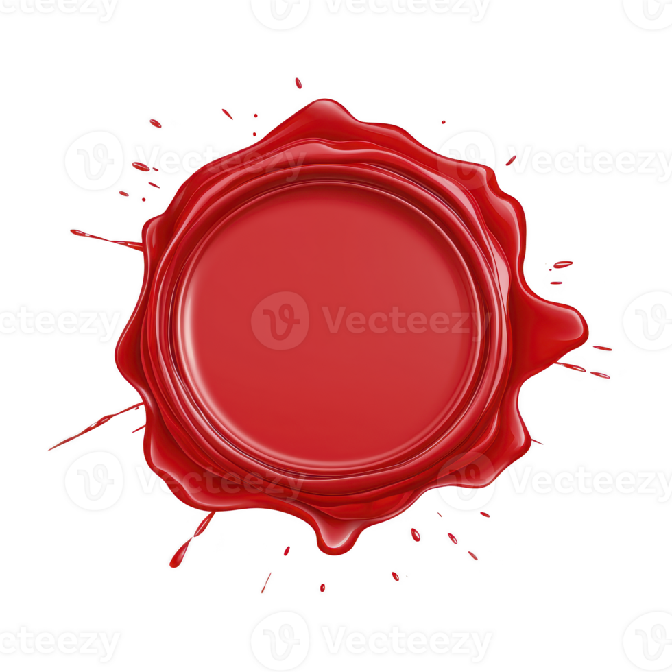 Vibrant red wax seal with splattered edges, creating classic and elegant appearance. seal is circular and appears glossy, suggesting traditional method of sealing documents png