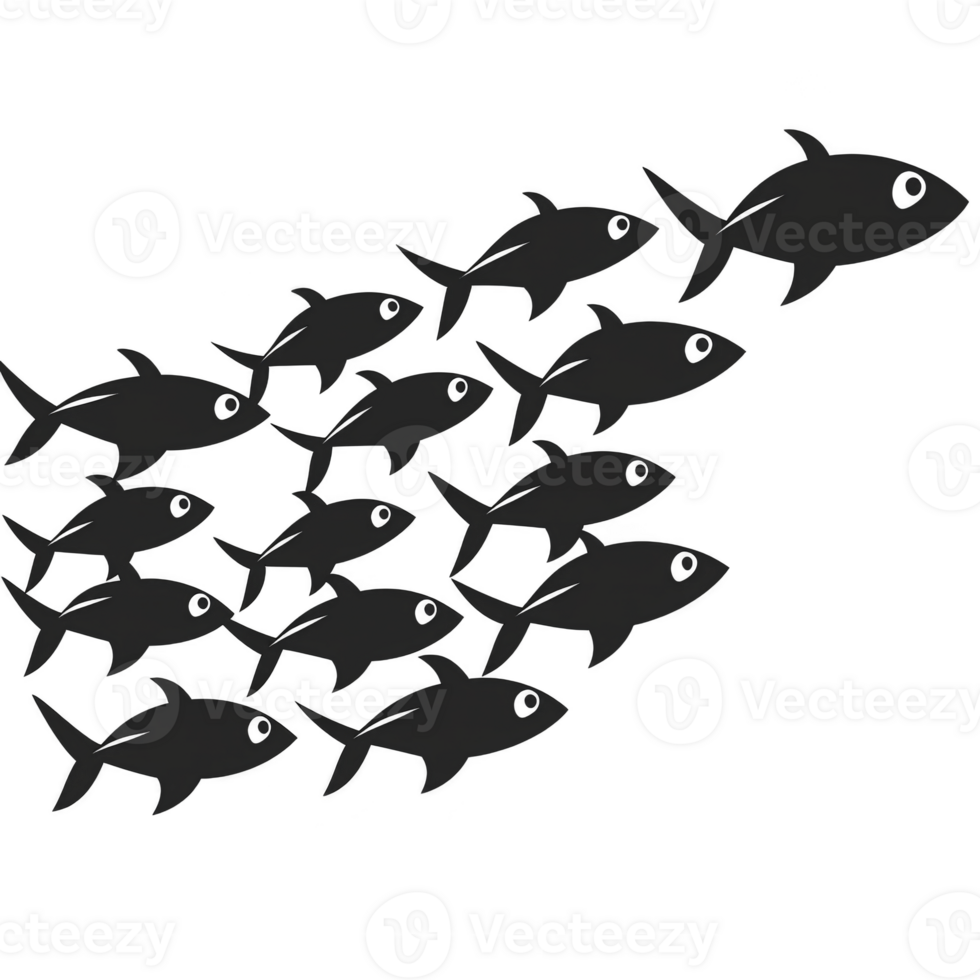 School of fish swimming together in coordinated formation, showcasing unity and movement in ocean. fish are depicted in simple, monochrome style, emphasizing their collective motion png