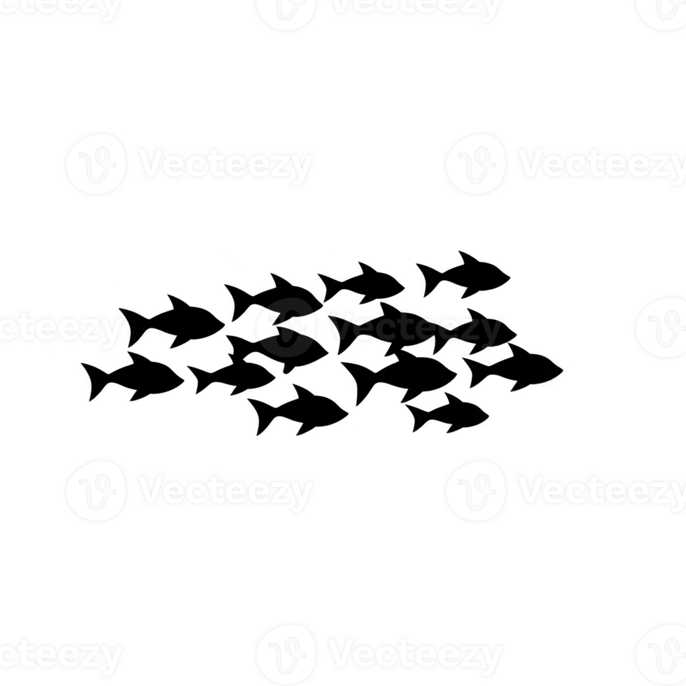 School of fish silhouette swimming together in coordinated formation, showcasing unity and movement in simple black design on transparency background png