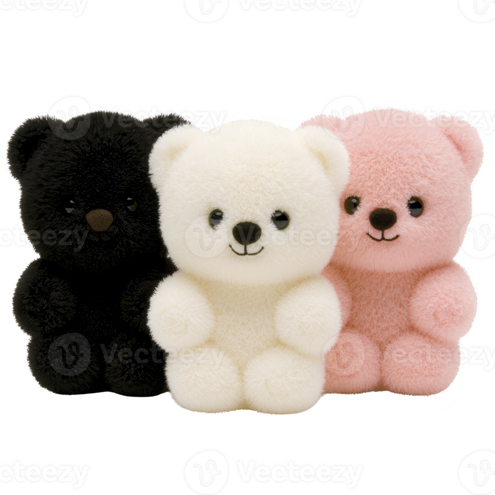 Three fluffy teddy bears in black, white, and pink are sitting side by side, showcasing their soft textures and cute expressions. Perfect for cozy and playful atmosphere png